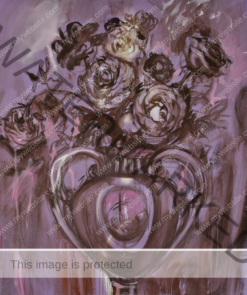Olga Anaskina painting of a bunch of flowers in a vase. Predominantly working with pink and purple tones, Anaskina presents the flowers as opulent and feminine while evoking feelings of eroticism and sensuality.