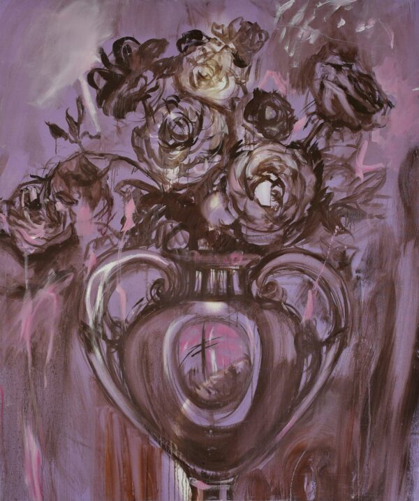 purple floral painting. Olga Anaskina painting of a bunch of flowers in a vase. Predominantly working with pink and purple tones, Anaskina presents the flowers as opulent and feminine while evoking feelings of eroticism and sensuality.