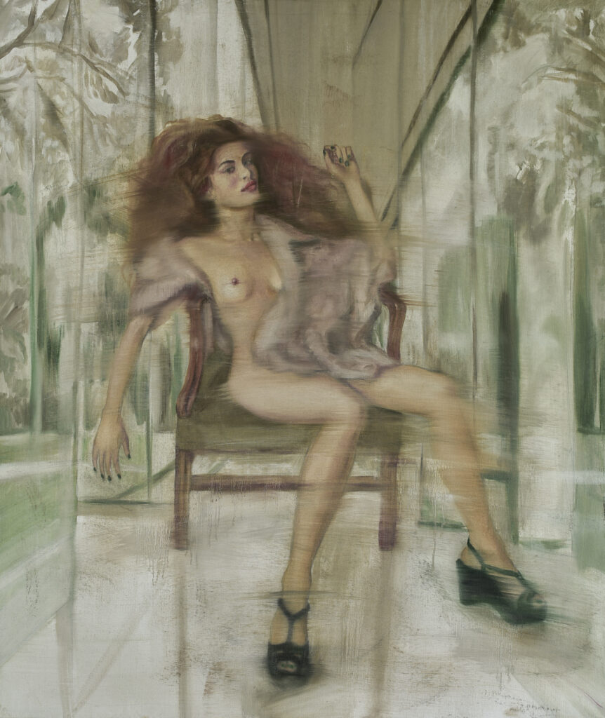 Venus painting by Olga Anaskina featuring a nude venus reclining in a chair, surrounded by mirrors. It's erotically charged and highly sensual.