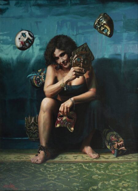 Witch and mask painting by Sylvia Laks, depicting a seated witch holding a mask in each hand, as masks appear float around her.