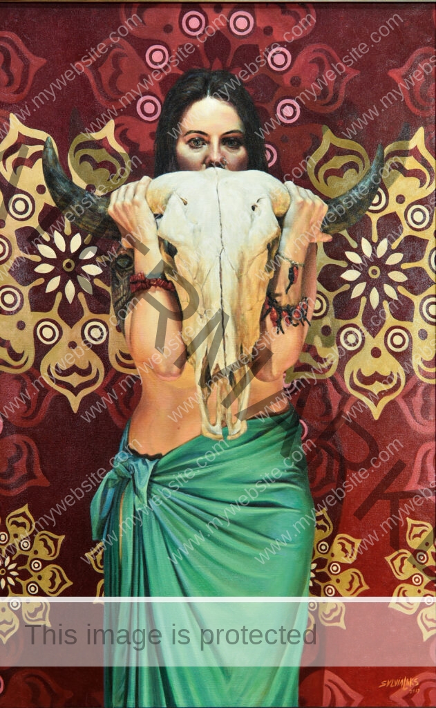 An example of Sylvia Laks' witch portraits, Bruja 2. This painting depicts a half-naked witch holding the skull of a cow. It's unsettling, but also sensual and otherworldly.