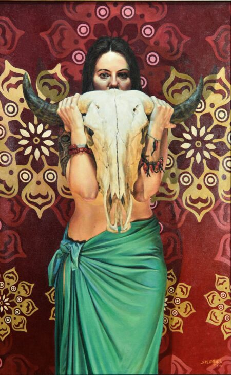 An example of Sylvia Laks' witch portraits, Bruja 2. This painting depicts a half-naked witch holding the skull of a cow. It's unsettling, but also sensual and otherworldly.