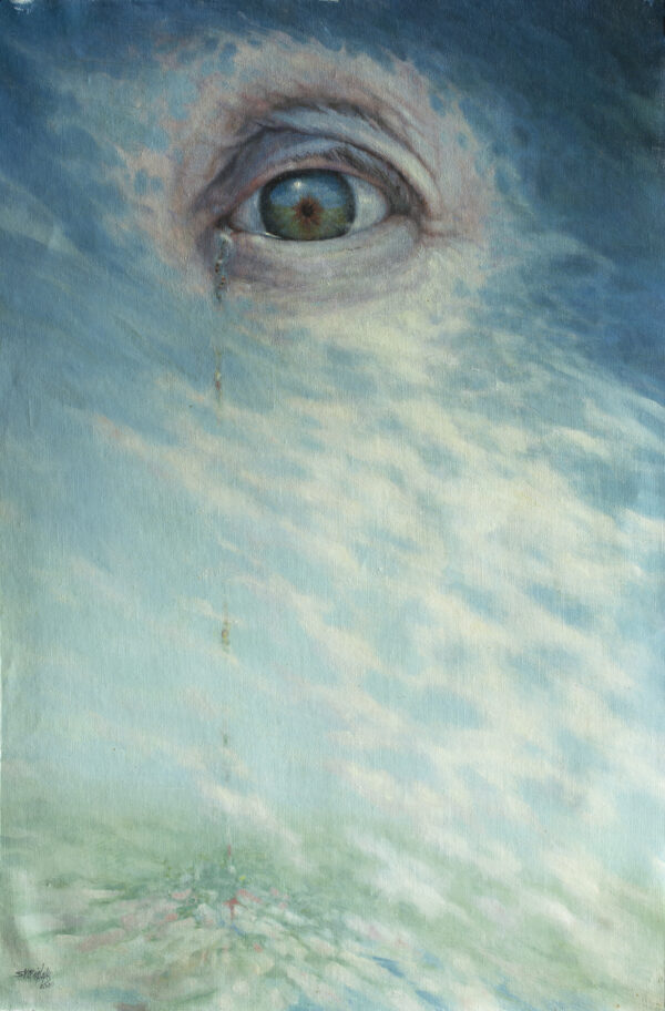 Demiurge painting by Sylvia Laks, depicting a large eye in the sky, shedding tears. It's unsettling and accusatory, as if we are destroying the world that has been created.