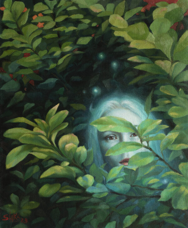 magical elf painting by Sylvia Laks, featuring a glowing elf woman emerging from the foliage. It's enchanting, evoking feelings of mystery and wonder.