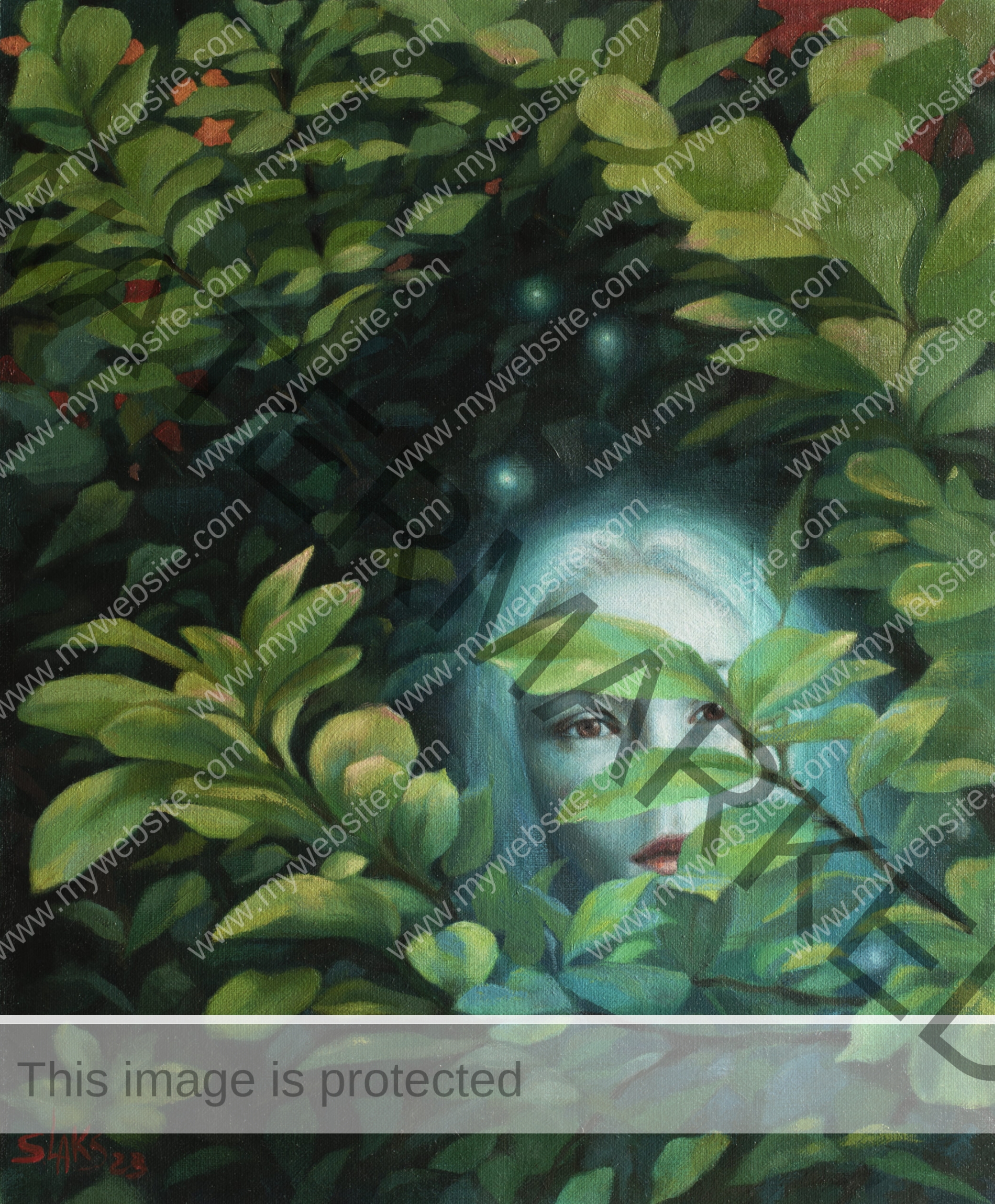 magical elf painting by Sylvia Laks, featuring a glowing elf woman emerging from the foliage. It's enchanting, evoking feelings of mystery and wonder.