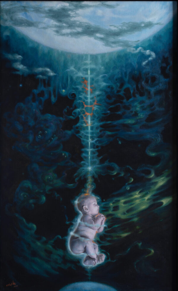 Hija de la Luna painting by Sylvia Laks, depicting a large moon connected to a baby. It evokes feminine power and notions of childbirth and creation.