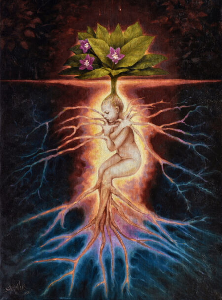 A mandrake painting by Slyvia Laks, depicting a cross-section of the earth and the extending roots beneath the ground. The painting is powerfully feminine as it nods to Mother Earth.