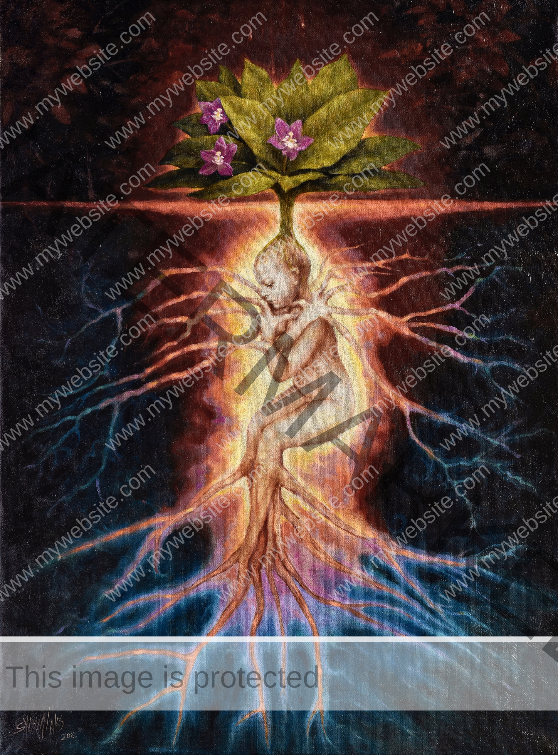 A mandrake painting by Slyvia Laks, depicting a cross-section of the earth and the extending roots beneath the ground. The painting is powerfully feminine as it nods to Mother Earth.