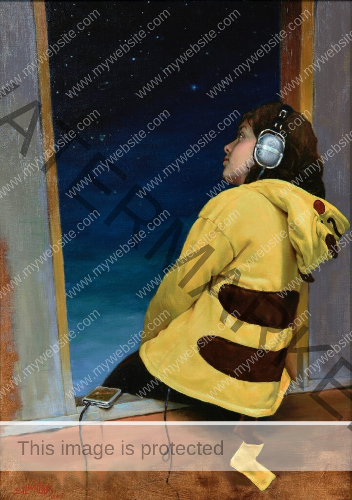 An oil on linen painting of a girl sitting gazing out of the window while she listens to music.