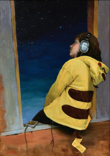 An oil on linen painting of a girl sitting gazing out of the window while she listens to music.