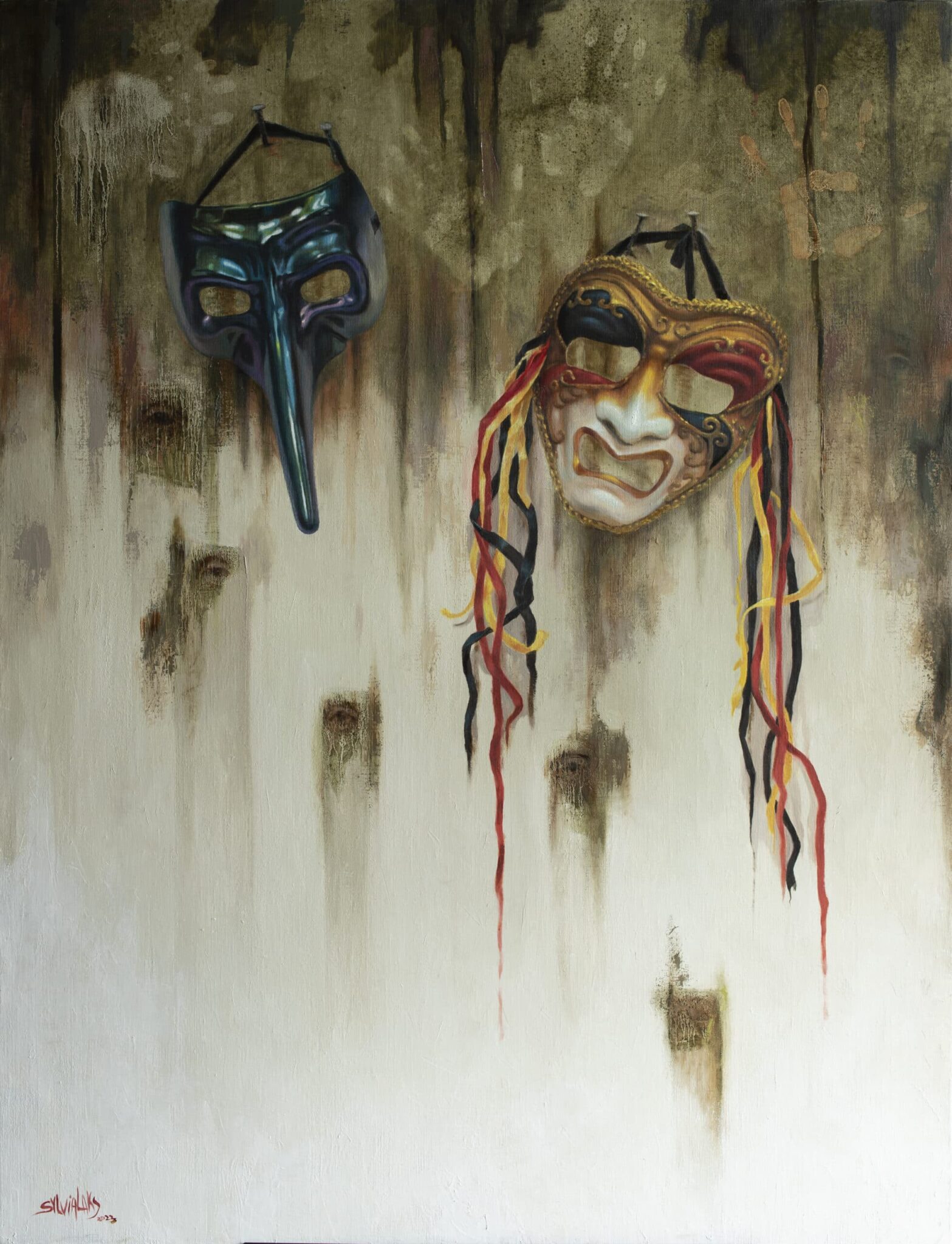 Costa Rican art. Plague and circus painting by Sylvia Laks. Two discarded masks appear anguished and suffering, evoking feelings of isolation and suffering.