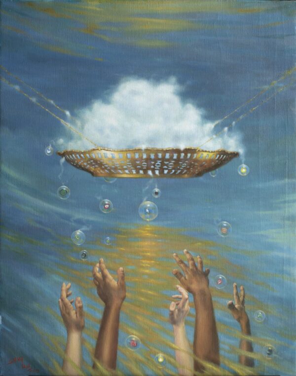 Social networks painting of hands trying to grasp something transient, by Sylvia Laks. It comments on our need to connect with others in a world dominated by social media.
