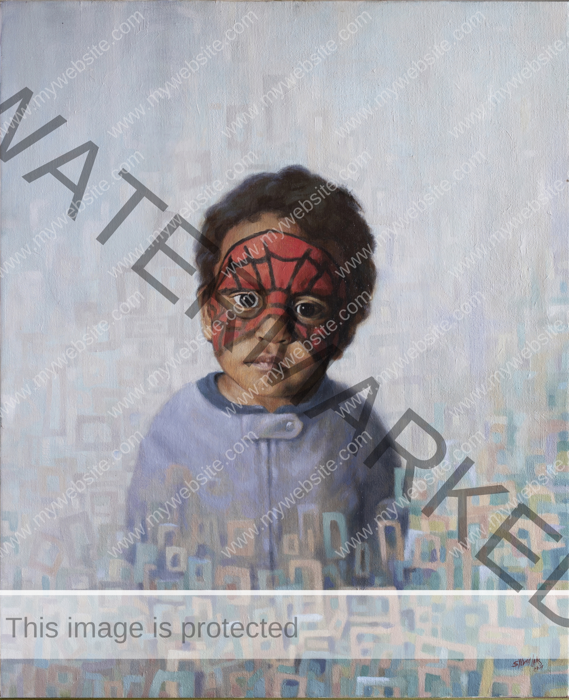 Spiderman painting by Sylvia Laks called Spiderman. It features a little boy with a spider web painted on his face, set against an abstract background. There is contrast between the childlike innocence and the dreamy, whimsical abstraction.