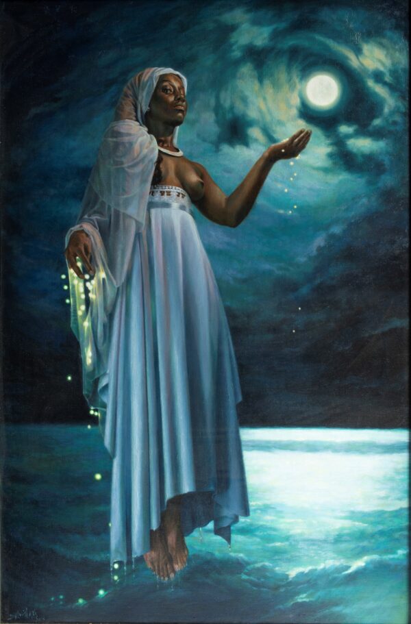 Yemayá painting by Sylvia Laks, depicting her floating above the ocean bathed in the moon's light. It's powerfully feminine but also exudes feelings of serenity and calm.