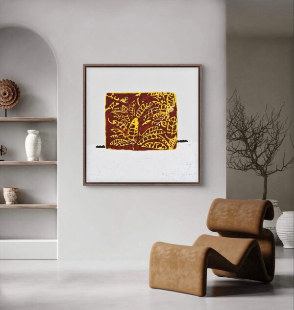 Abstract soil and acrylic painting, muted tones, framed and hung on a wall of a contemporary living space.