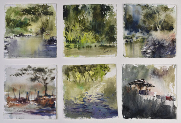 Six small watercolours by Juan Carlos Camacho, featuring intimate scenes of rivers, buildings and pathways.