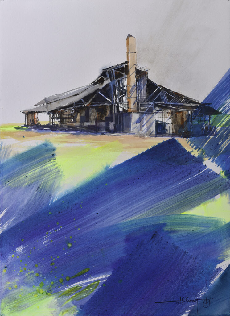 Costa Rican farm building painting featuring representational depiction of the building against an abstract blue backdrop.