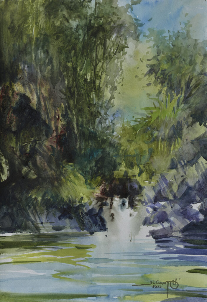 Waterfall painting featuring a low waterfall where water rushes into the pool below. It's a serene moment captured in the Costa Rican landscape.