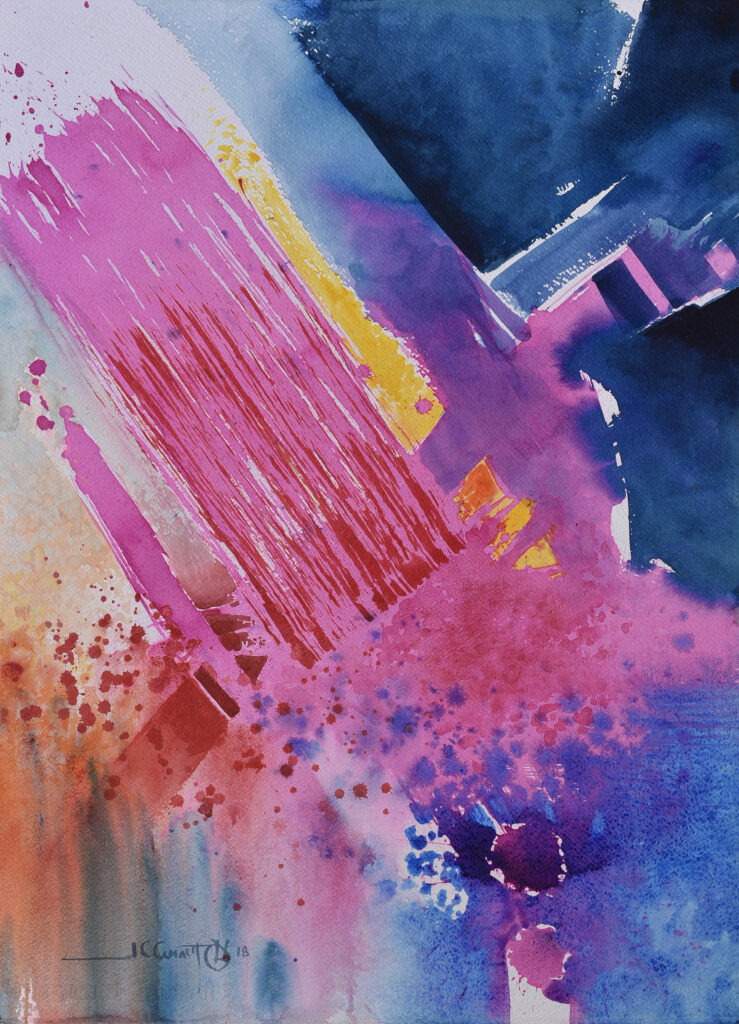 abstract watercolour painting featuring vivid and bold streaks of pink and blue.