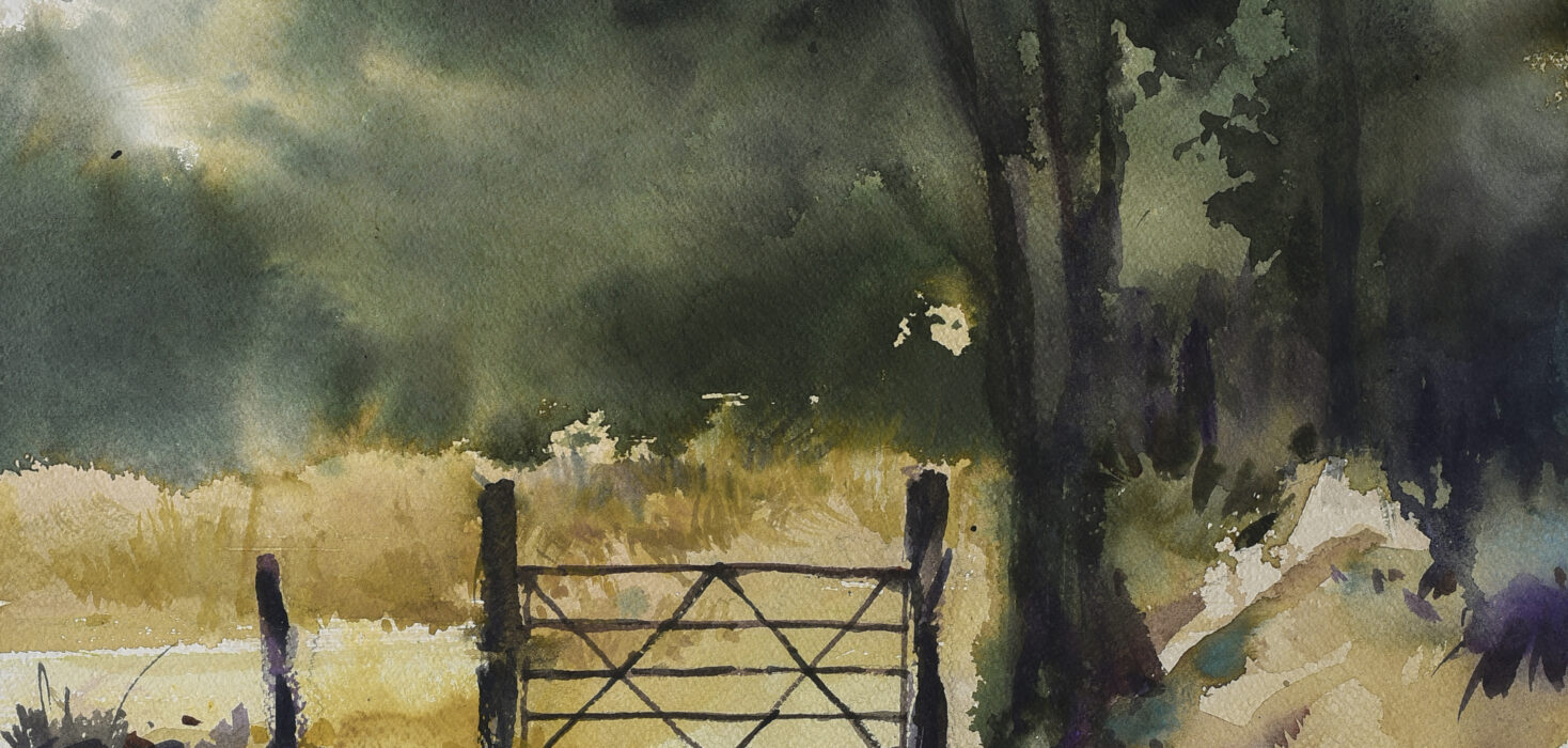 serene countryside gate painting, featuring a gate separating two sandy coloured fields, surrounded by green foliage. Juan is showing at VIDA Art Gallery in October 2024.