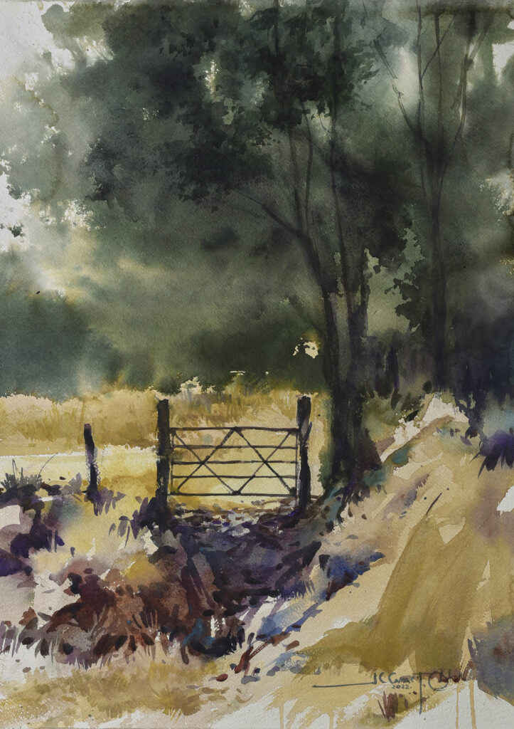 serene countryside gate painting, featuring a gate separating two sandy coloured fields, surrounded by green foliage.