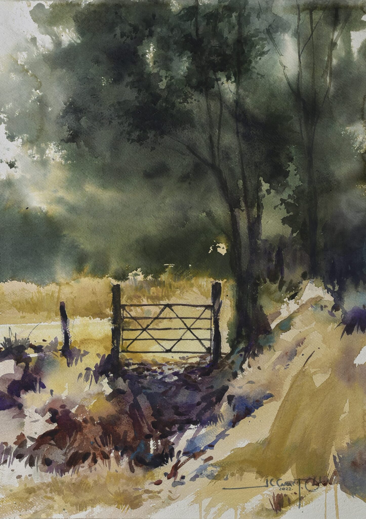serene countryside gate painting, featuring a gate separating two sandy coloured fields, surrounded by green foliage. Juan is showing at VIDA Art Gallery in October 2024.