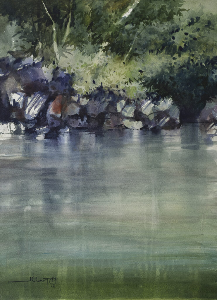 calm river painting featuring green water, reflecting the surrounding foliage and rocks.