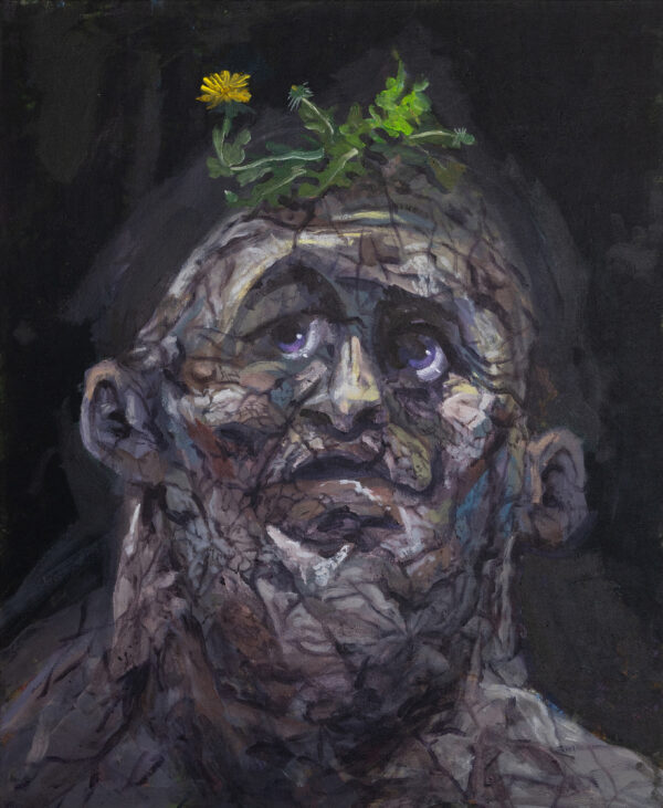 Acrylic on canvas painting, man of stone with a flower growing out of his head. man of stone painting