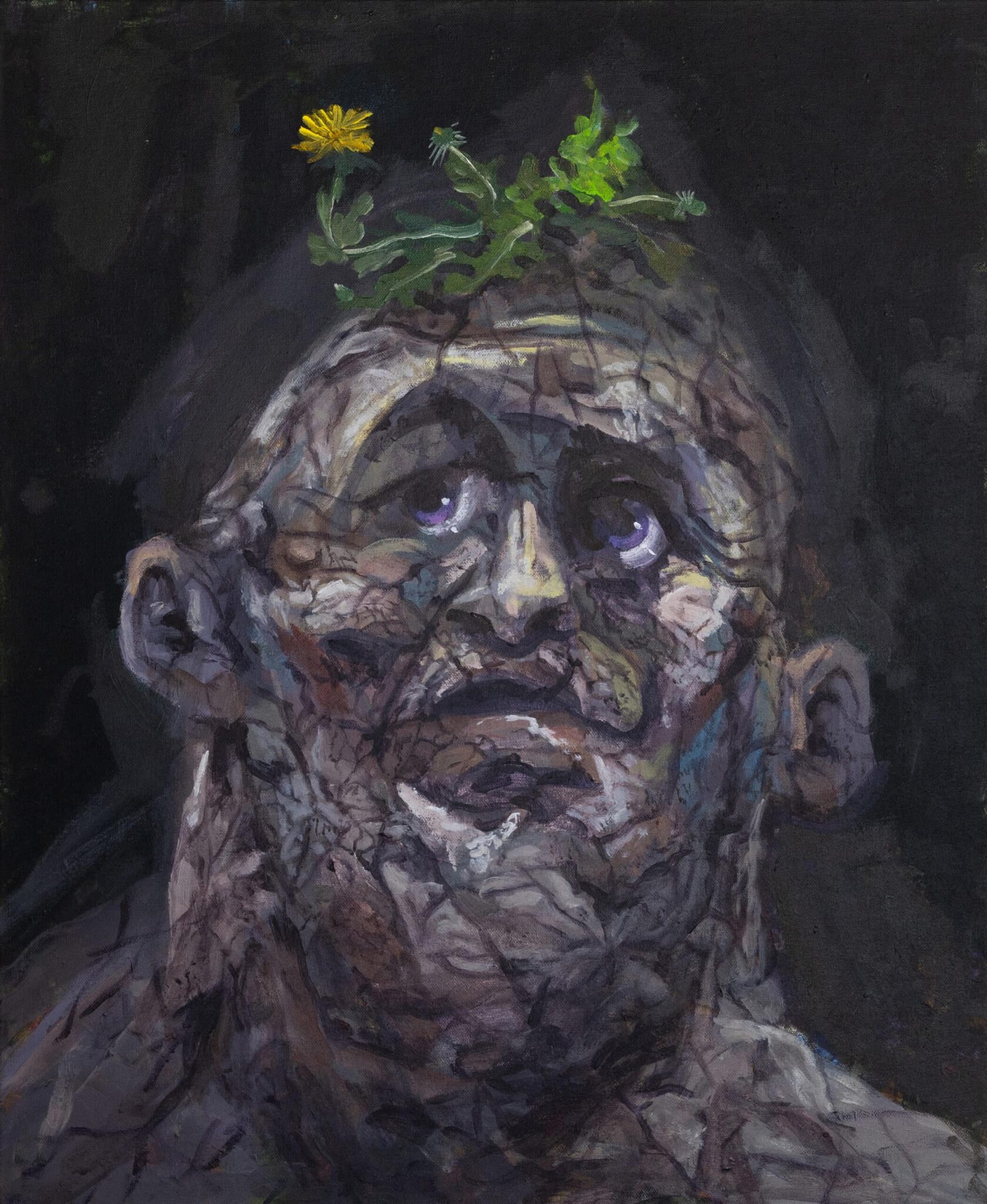 Acrylic on canvas painting, man of stone with a flower growing out of his head. man of stone painting