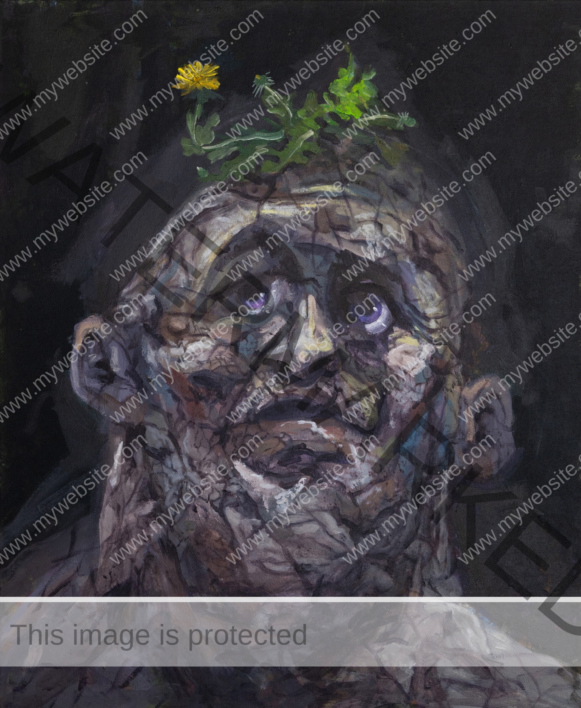 Acrylic on canvas painting, man of stone with a flower growing out of his head. man of stone painting