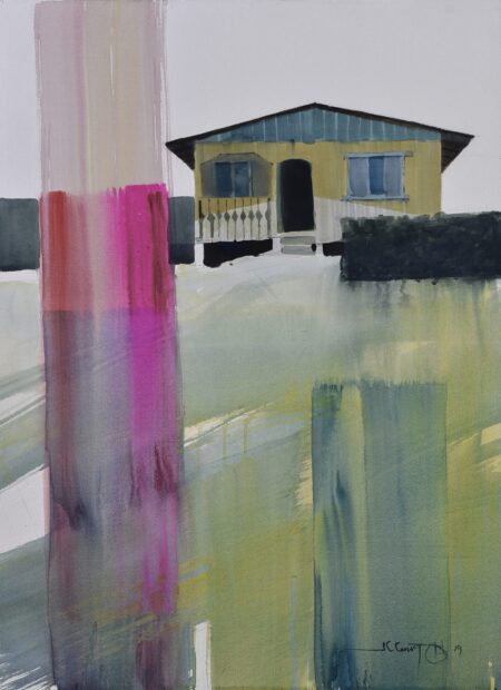 Depiction of a building set against an abstract backdrop. A vivid pink vertical streak is the focal point, highlight Camacho's blend of art and architecture