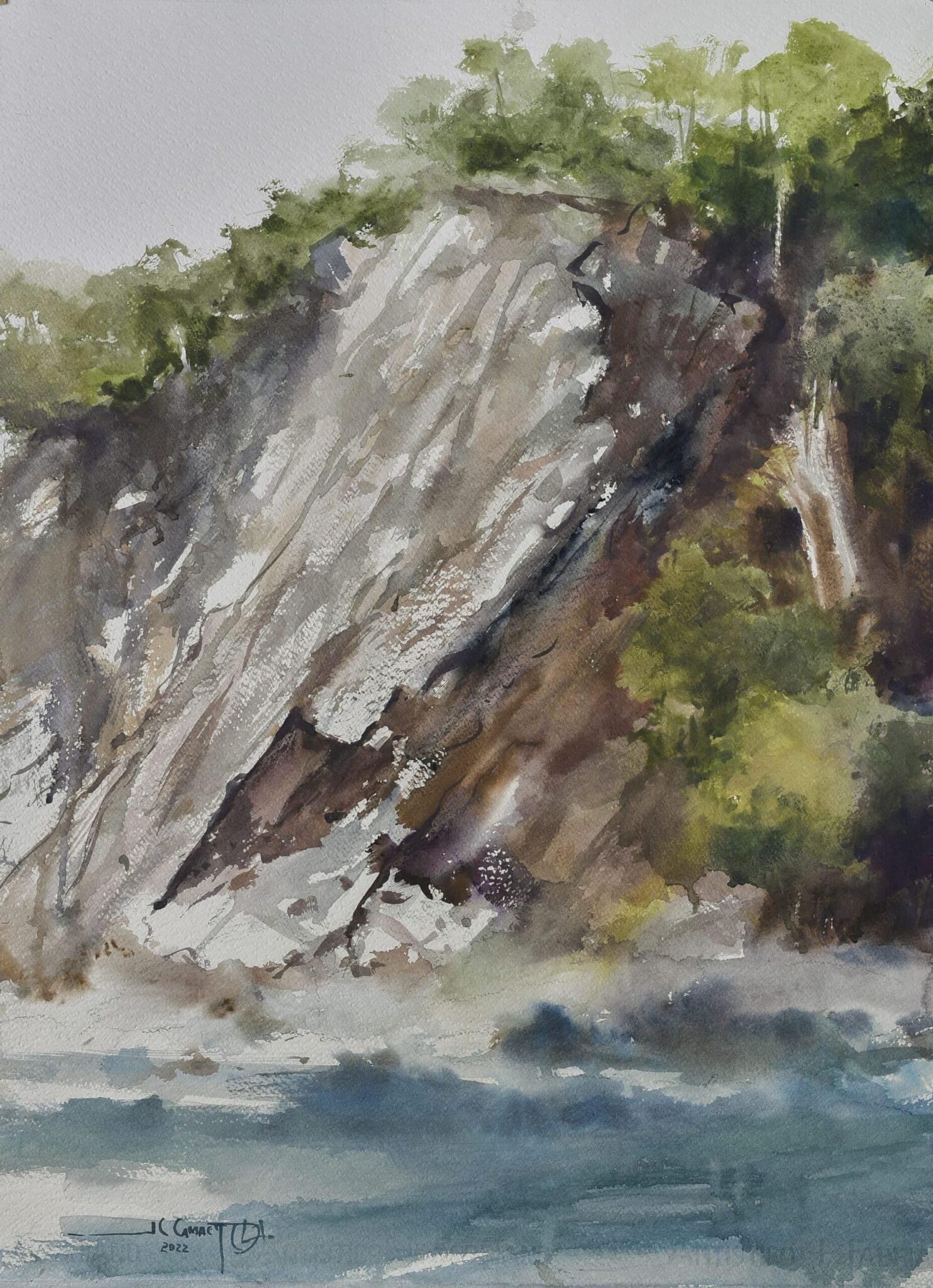high tide painting featuring the ocean crashing into the base of a rugged cliff.