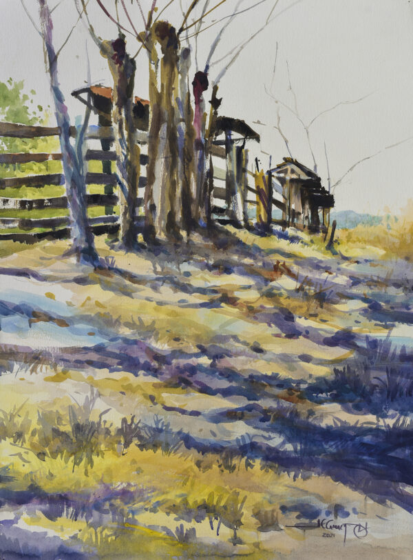 countryside fence painting featuring yellow and purples, focusing on shadows cast on the ground. Atmospheric and serene.