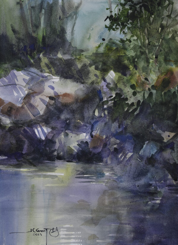 Un Día Azul painting by Juan Carlos Camacho, featuring a river surrounded by rocks and foliage in purple and green tones