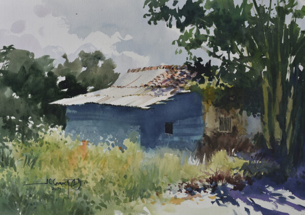 rustic watercolour painting featuring a house set amongst foliage. It's peaceful and calm. By Juan Carlos Camacho.