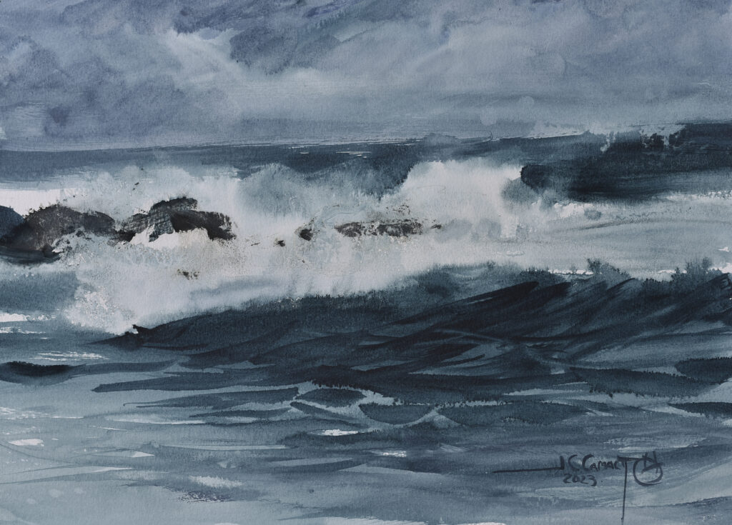 atmospheric ocean painting featuring deep blue ocean that melds with the dark sky, by Juan Carlos Camacho.