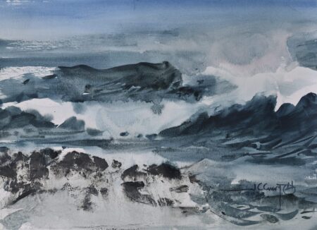 ocean watercolour painting featuring energetic, crashing waves, by Juan Carlos Camacho.