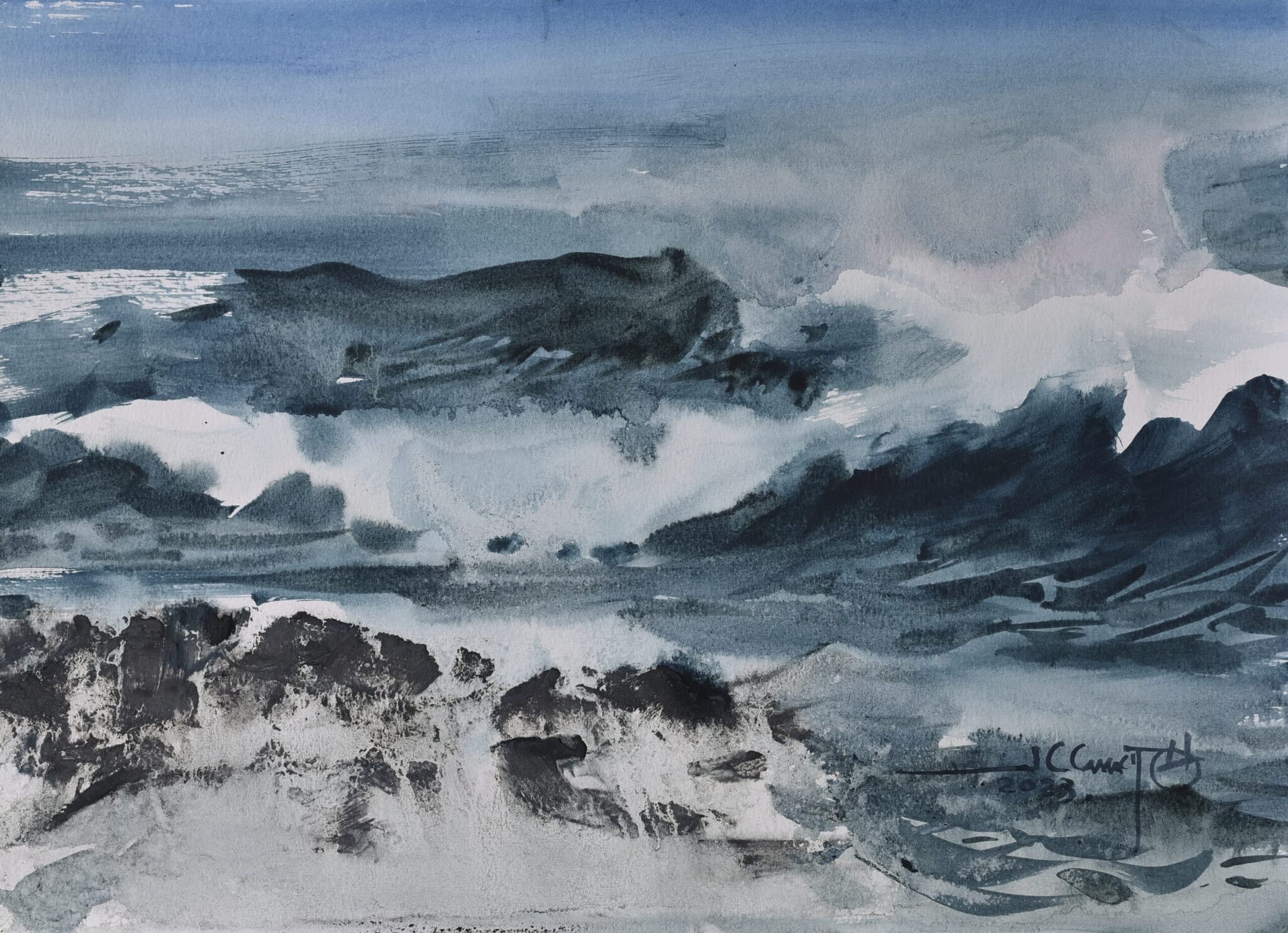 ocean watercolour painting featuring energetic, crashing waves, by Juan Carlos Camacho.