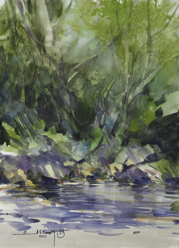 peaceful landscape painting with green and purple tones focusing on lush foliage, by Juan Carlos Camacho.