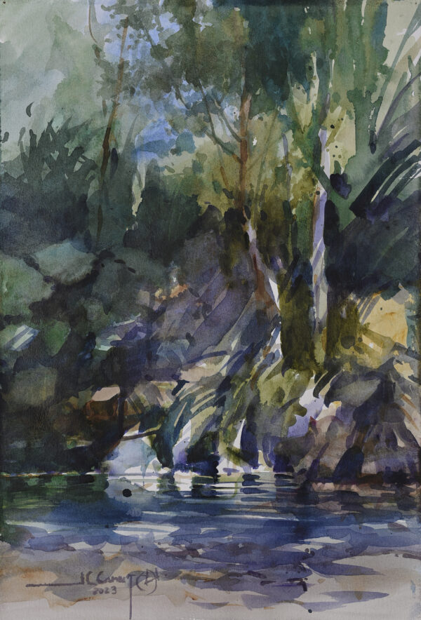 Intimate El Río Azul painting by Juan Carlos Camacho featuring a river with surrounding foliage painted predominantly with purple and greens.