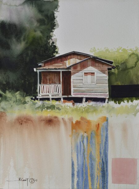 Juan Carlos Camacho's watercolours, featuring a traditional building surrounded by foliage. Camacho incorporates abstraction into a traditional scene, letting the water seep into the painting giving it an expressive quality.