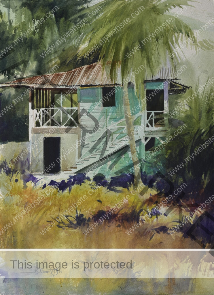 Colourful watercolour of house behind palm tree on the edge of water, by Juan Carlos Camacho. Paintings for sale.
