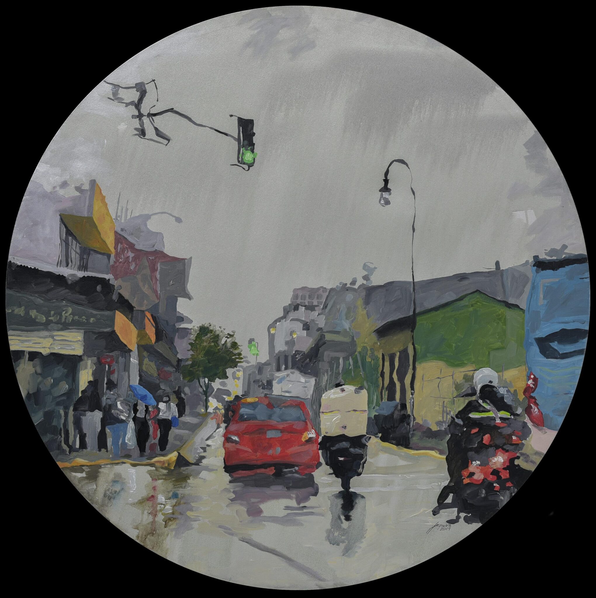 impressionist urban acrylic painting by Osvaldo Sequeira, featuring pastel tones and an abstract urban background and a busy impressionist urban streets painting