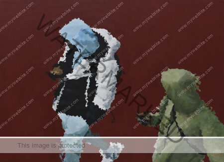impressionist urban acrylic painting by Osvaldo Sequeira, featuring pastel tones and an abstract urban background with 2 people walking and staring at their cellular phones. Abstract urban figurative painting