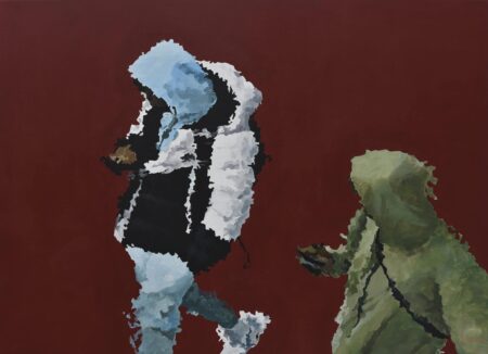 impressionist urban acrylic painting by Osvaldo Sequeira, featuring pastel tones and an abstract urban background with 2 people walking and staring at their cellular phones. Abstract urban figurative painting
