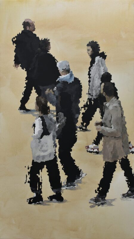 impressionist urban acrylic painting by Osvaldo Sequeira, featuring pastel tones and an abstract urban background with people walking in a open area. Sand colour background. Abstract urban streets painting