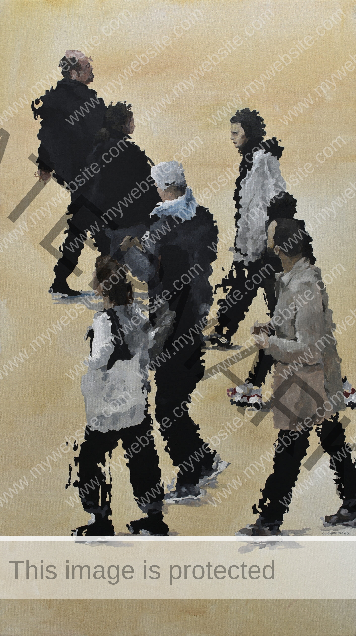 impressionist urban acrylic painting by Osvaldo Sequeira, featuring pastel tones and an abstract urban background with people walking in a open area. Sand colour background. Abstract urban streets painting
