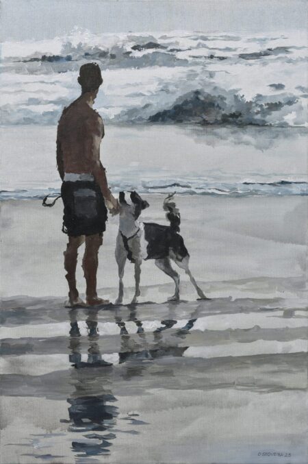 impressionist beach acrylic painting by Osvaldo Sequeira, featuring pastel tones and an abstract beach scene with a man playing with a dog. Impressionist man and dog painting