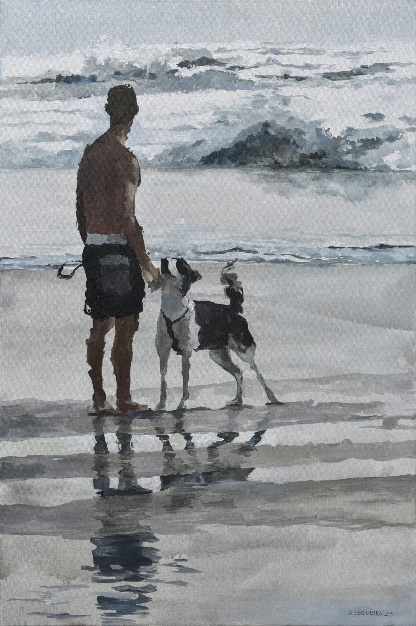 impressionist beach acrylic painting by Osvaldo Sequeira, featuring pastel tones and an abstract beach scene with a man playing with a dog. Impressionist man and dog painting