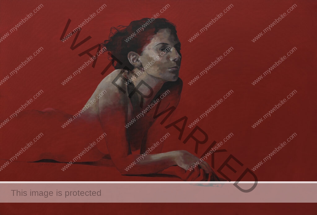 Bright red background with a woman lying on her stomach, resting on her hands. Blending abstraction with figurative, Osvaldo Sequeira explores human figure paintings. Red abstract nude painting